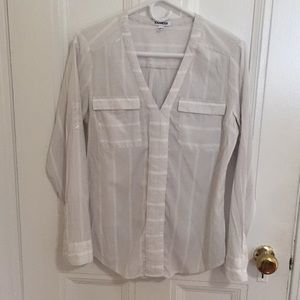 EXPRESS white long sleeve with light grey stripes